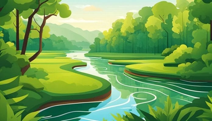 A winding river flows through a lush green forest.