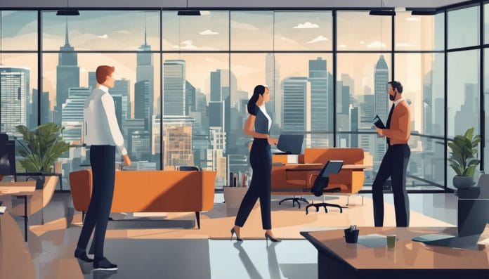A diverse team walks confidently in a modern office with cityscape backdrop