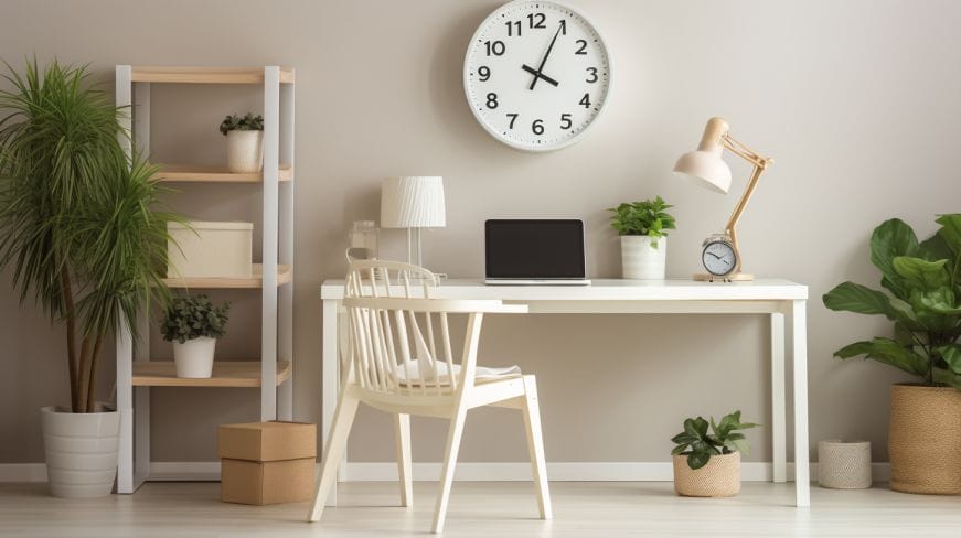 A neat and organize office at home with clock, table, racks, and plants.