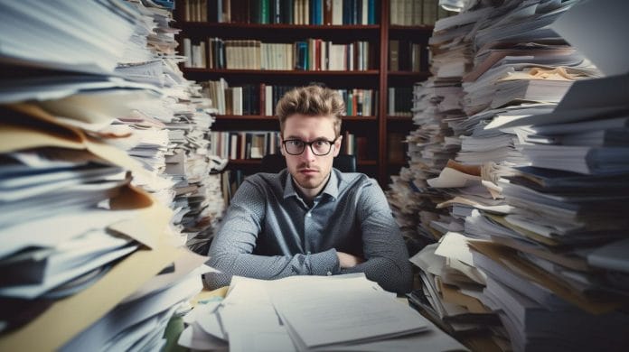 A guy sitting in a table with many pile of paper.