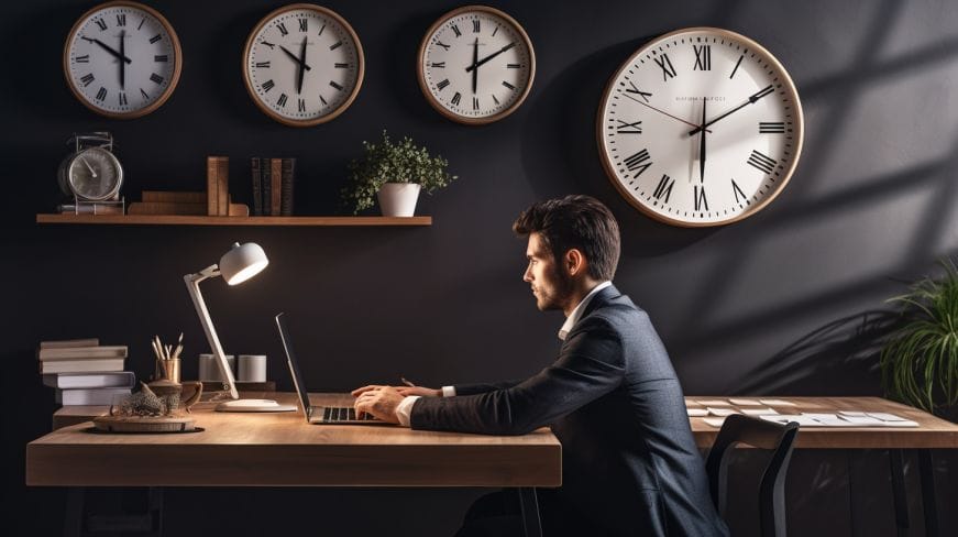 A guy on sitting his organized office with a clock on the table.