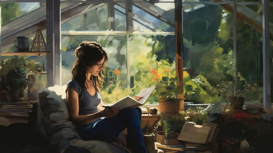A peaceful home environment with a person reading a self-improvement book.