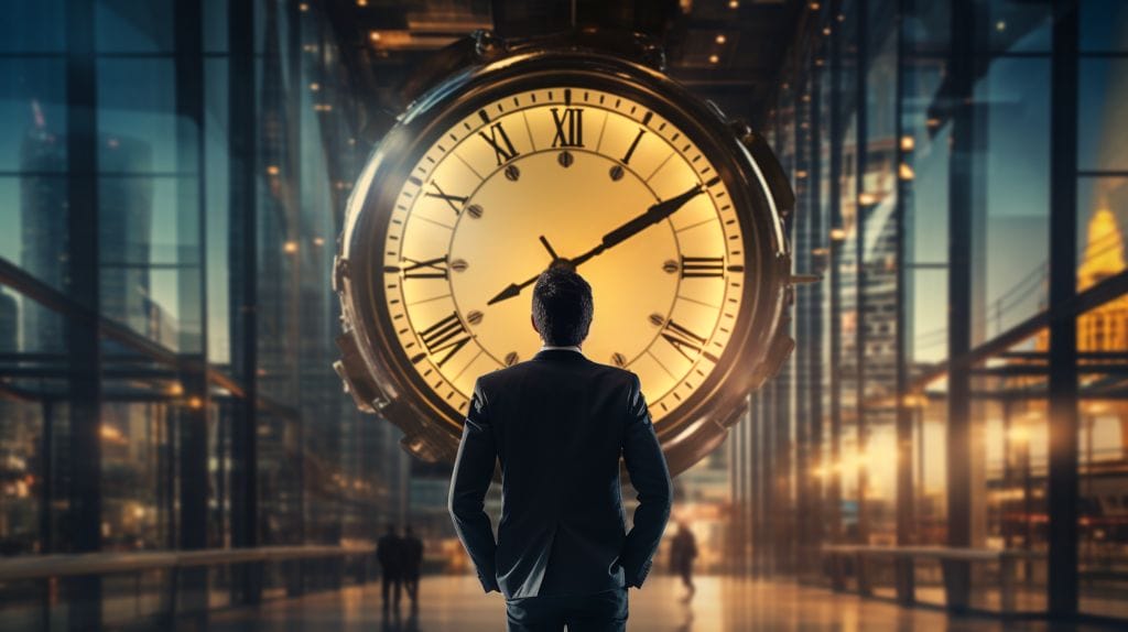 an employee facing at a big clock
