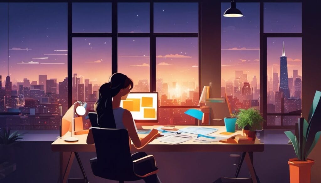 a woman working on her desk with sun setting