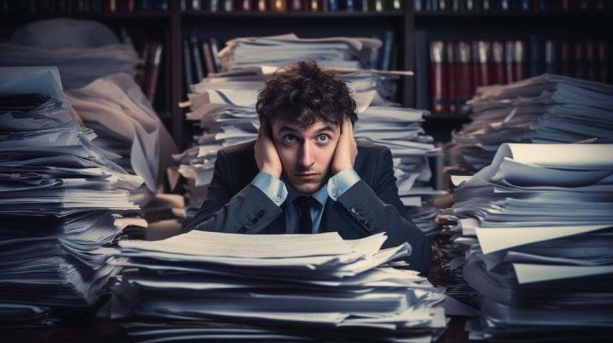 A person with so many pile of documents on the table looking stress.