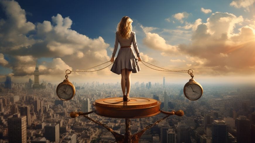 A woman holding a clock on a narrow piece of wood with the city skyline behind her.