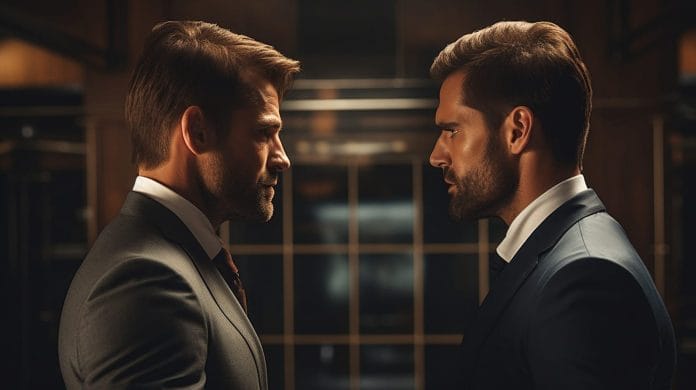 2 men in a suit facing each other.