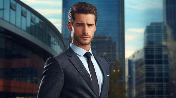 A man in a suit with corporate buildings as background.