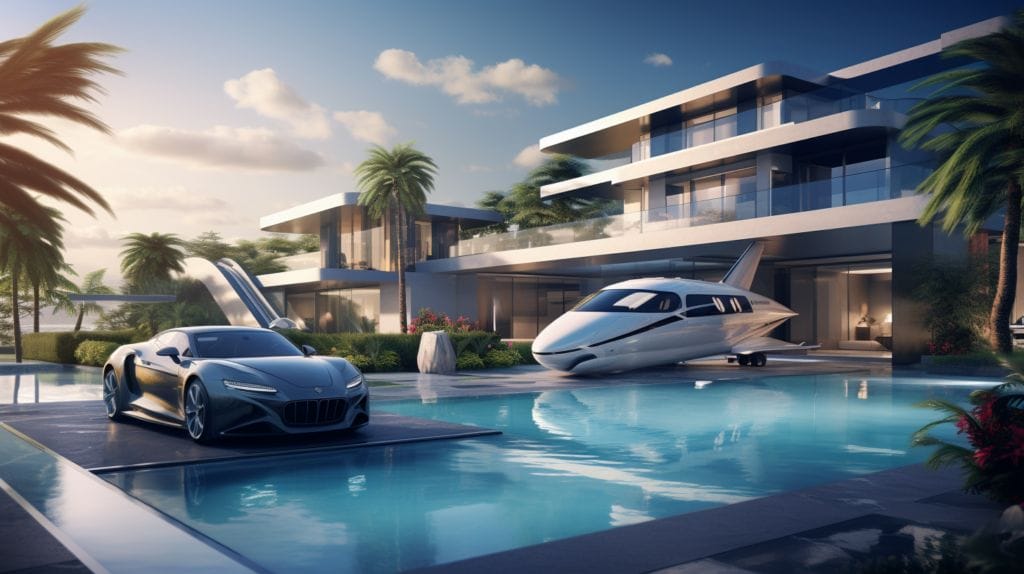 A luxurious home, high-end car, and a private jet.
