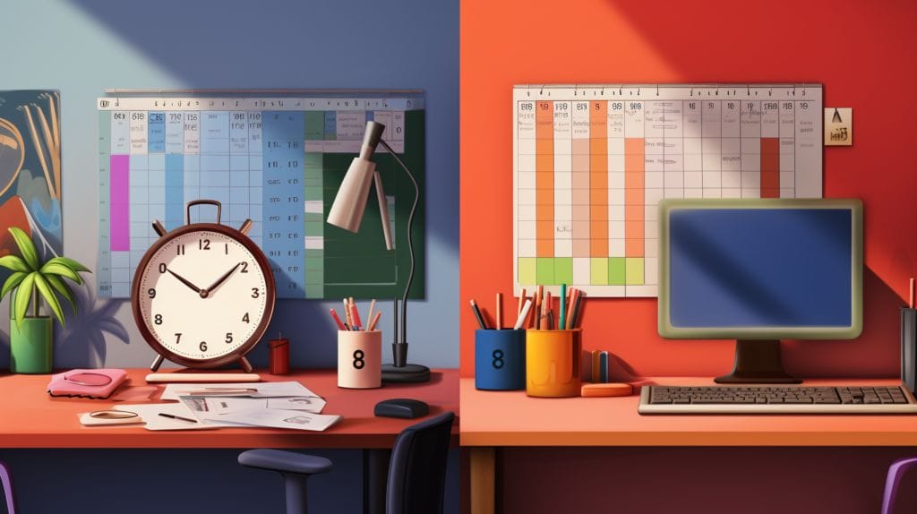 A split screen image of an unorganized and organized work desk.