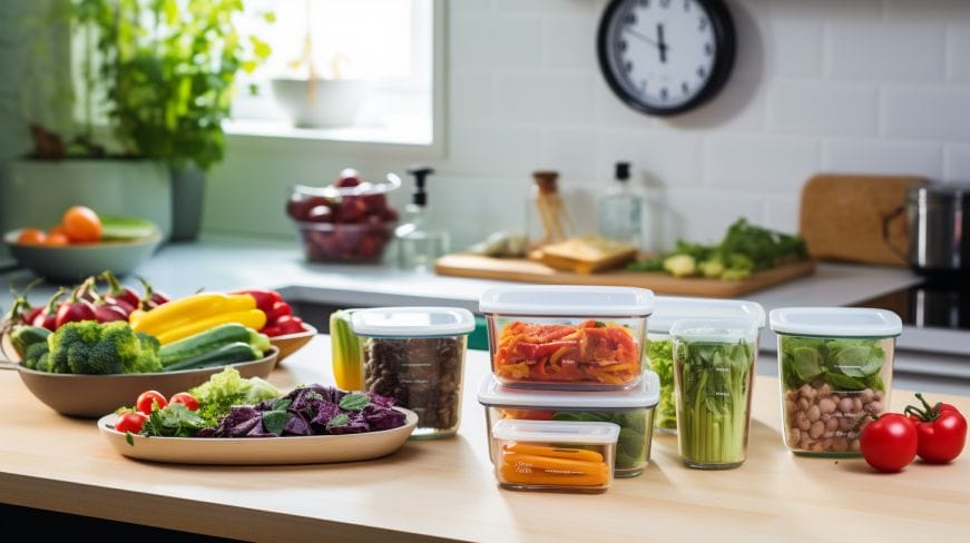 A well-organized kitchen with healthy meal prep containers.