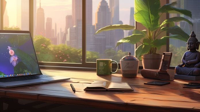 office, with plants, natural light, a yoga mat and a calming tea mug