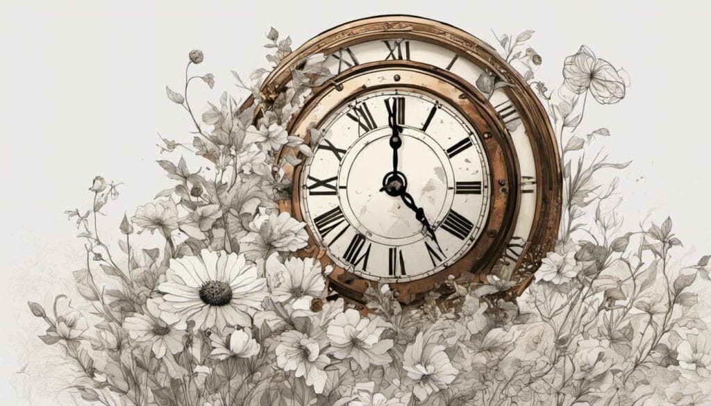 a clock engulfed in flowers
