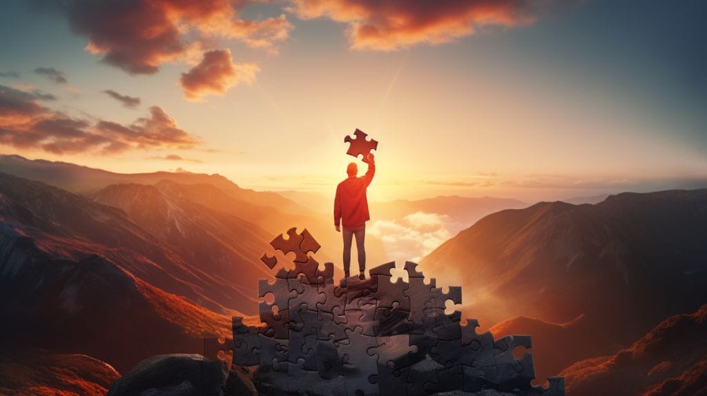 A person on a mountain peak holding up a puzzle piece