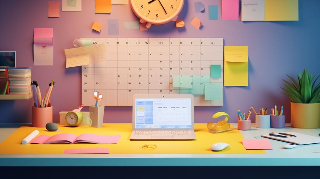 a desk with a planner, a clock, and color-coded sticky notes.