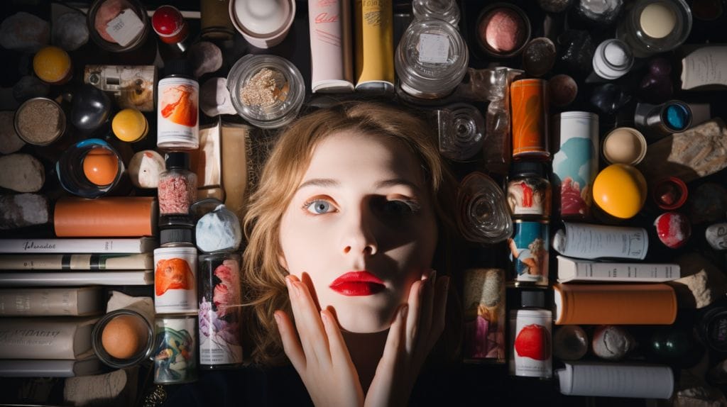 a person's face surrounded by products