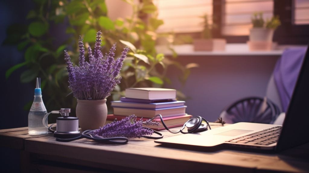 a desk with a laptop, a stethoscope, and a calming lavender plant