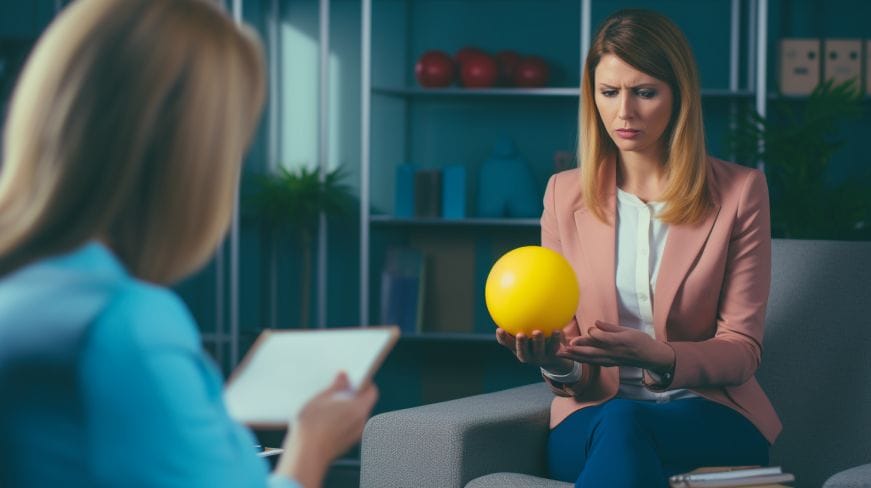 A woman holding a stressball infront of a tharapist. 