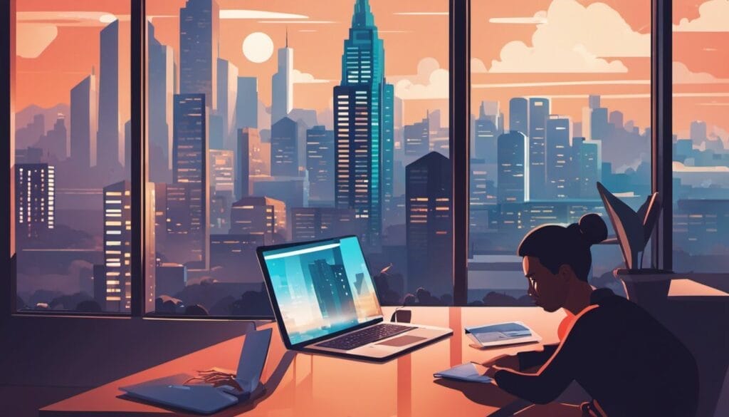 A person looking on laptop in an office with city scape view.