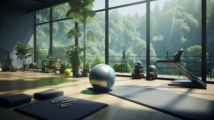 home office with exercise equipment like yoga mat, dumbbells, stability ball