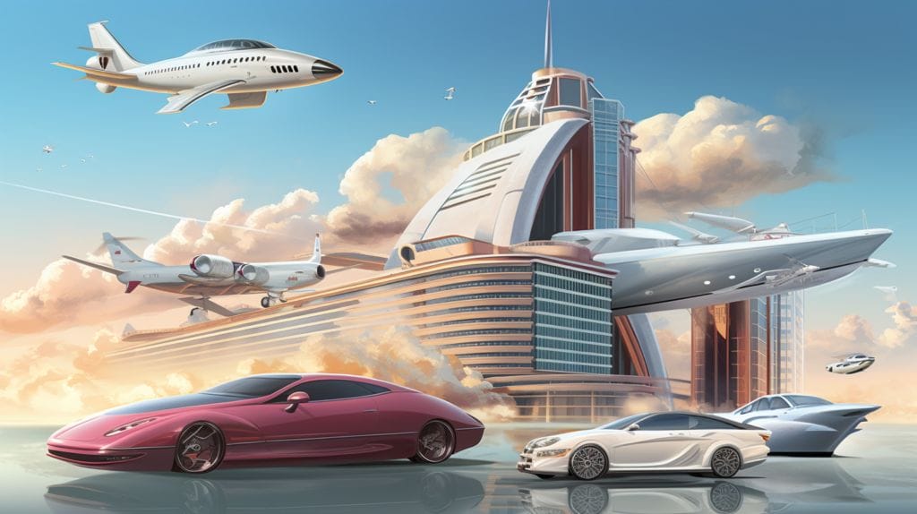 A skyscraper, a private jet, a luxury yacht, and a high-end sports car.