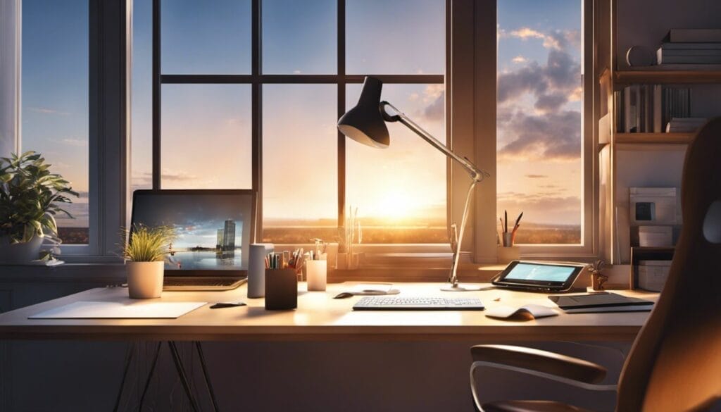 A work desk with a lamp, laptop, and documents infront of a window.