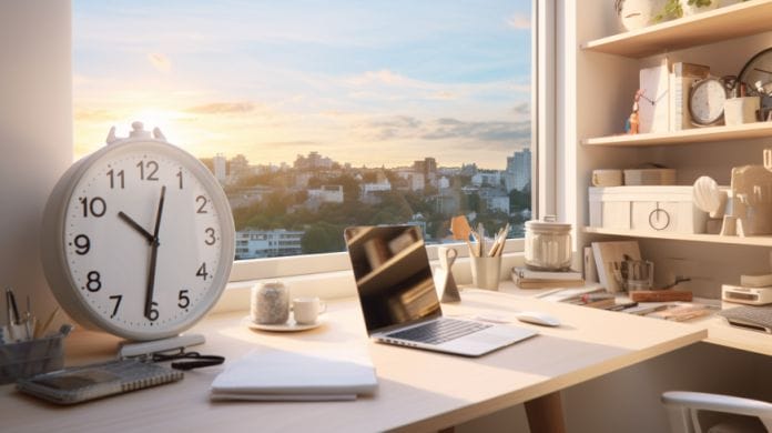 An organize home office with laptop, clock, and mug of coffee.