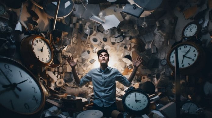 a man surrounded by clocks