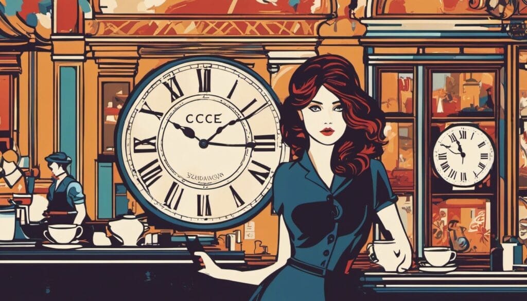 a waitress inside a cafe with a clock beside her