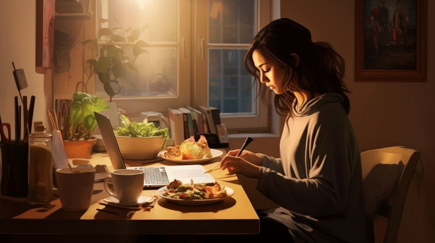 A girl in her home office sitting on her chair looking at her laptop and eating a salad.