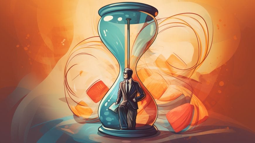 A person standing, behind is an hourglass.