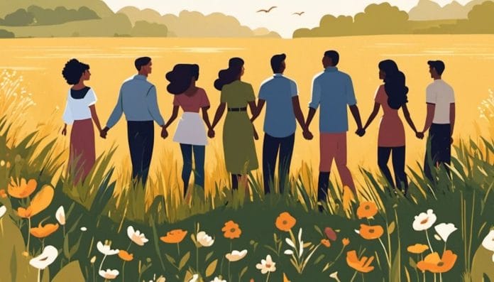 Diverse group of people holding hands in a field of wildflowers.