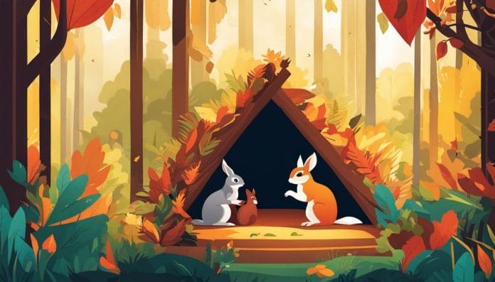 Squirrels, rabbits, and birds collaborate to construct a shelter in a vibrant forest