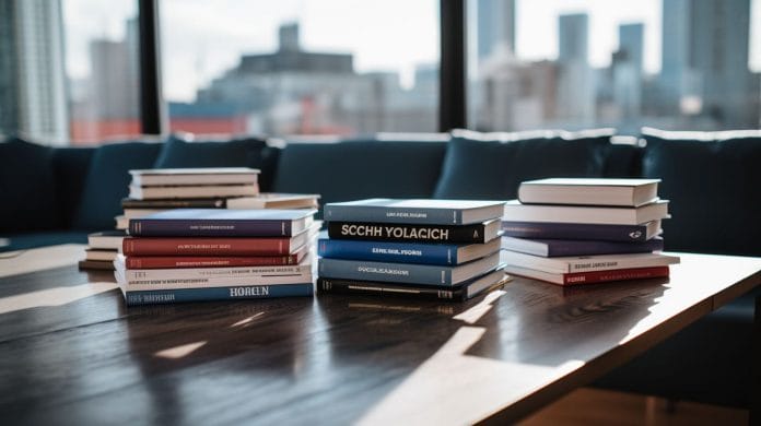 A collection of coaching model books arranged on a modern desk.