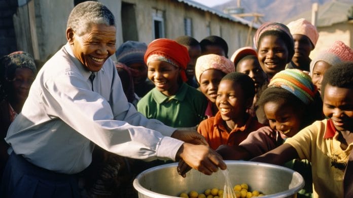 Nelson Mandela working alongside others in service-oriented activities.