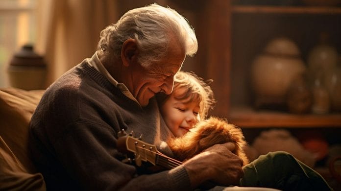 An elderly person comforting a young child in a cozy environment.