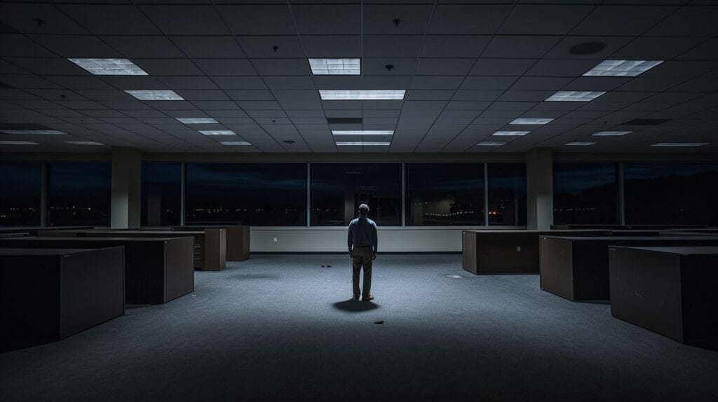A person standing alone in an empty office captured with a wide-angle lens.