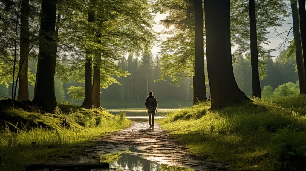 A person enjoys a peaceful walk in a beautiful natural setting.