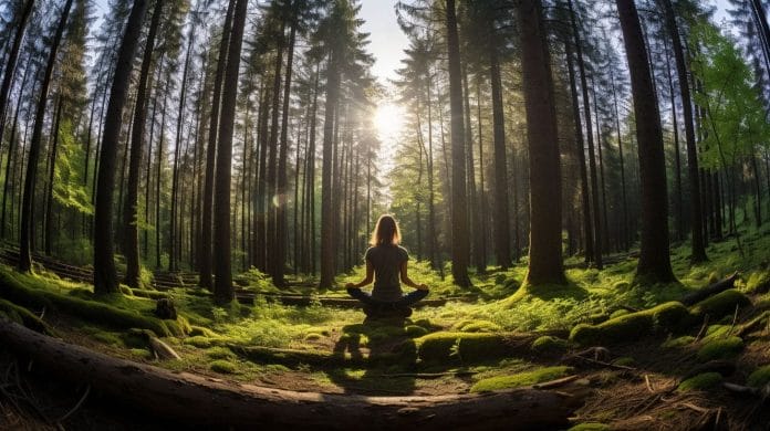 A person practicing yoga in a peaceful forest setting.