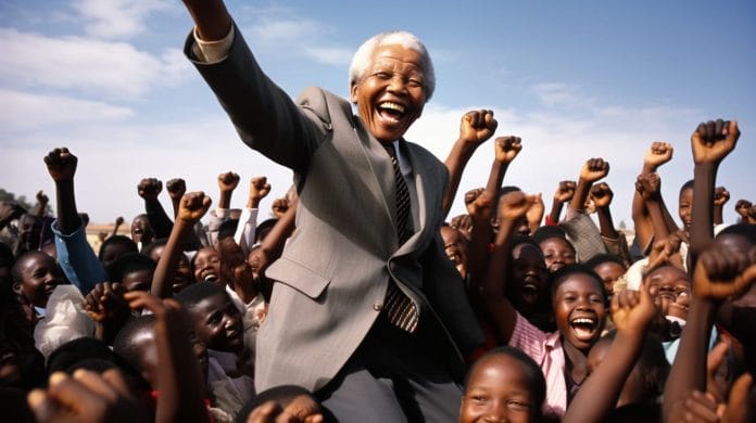 Nelson Mandela with kids cheering up with him.