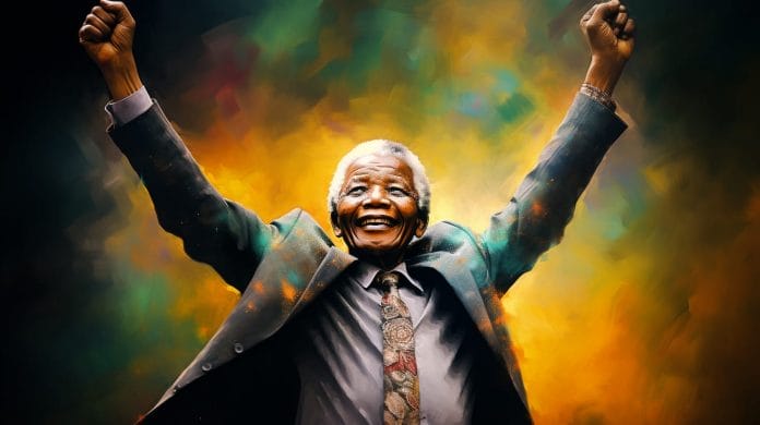 Nelson Mandela smiling while holding his arms up high.