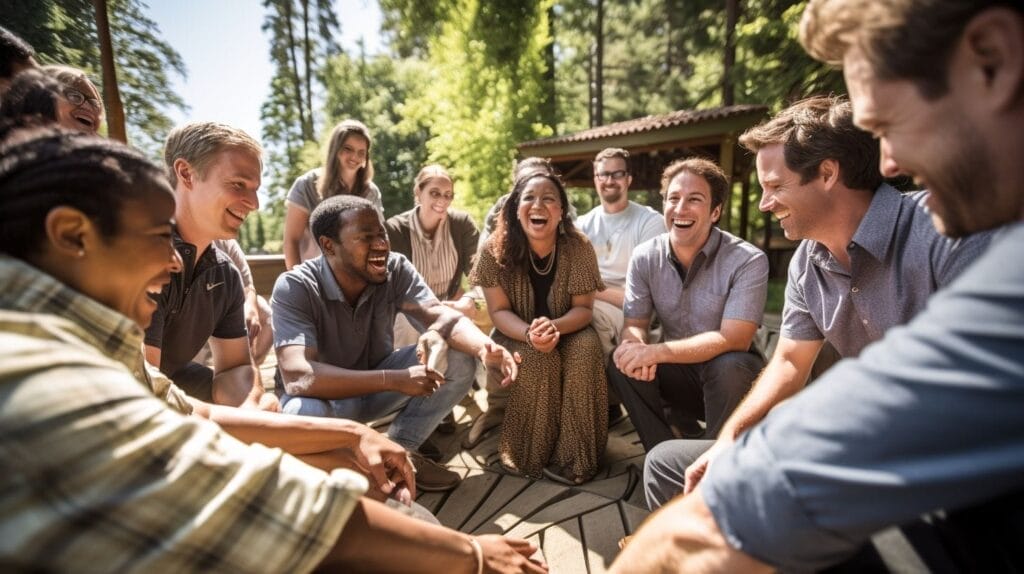 A diverse group of professionals engaging in team-building activities outdoors.