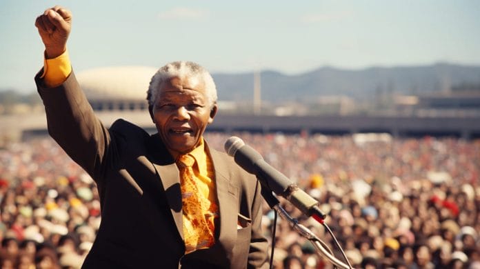 Nelson Mandela giving a powerful speech.