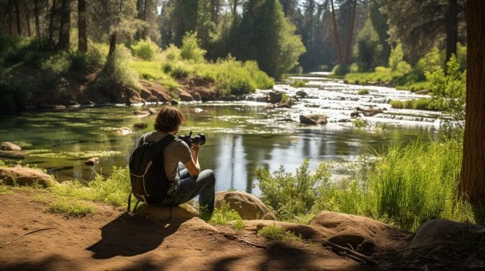 An employee captures nature photography in a tranquil environment.