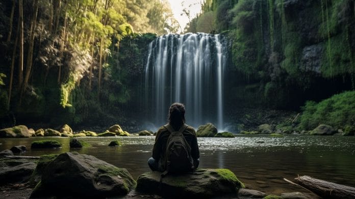A person sitting beside a serene waterfall in nature.