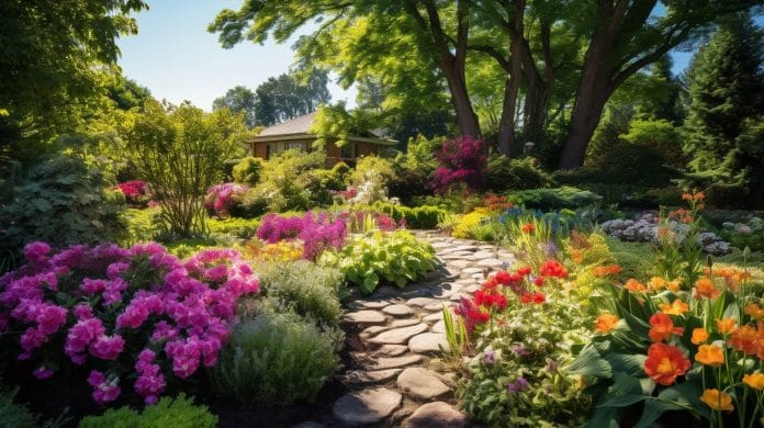 A flourishing garden with vibrant flowers and plants.