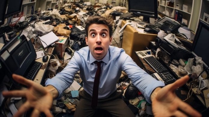 An office worker in a messy workspace using a DSLR camera shows What Are The Five Categories Of Stressors.