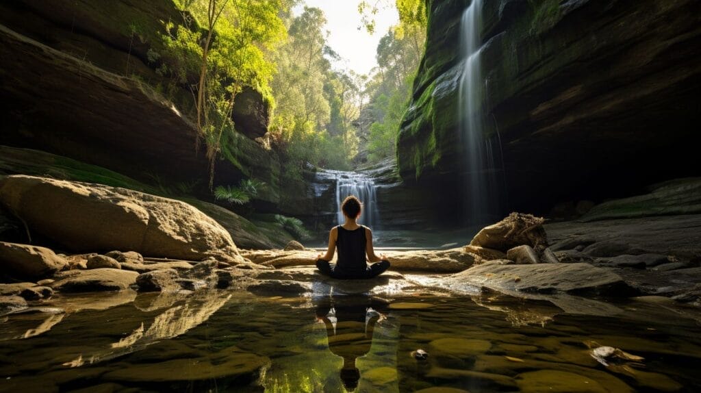 A person meditates in a serene natural setting.