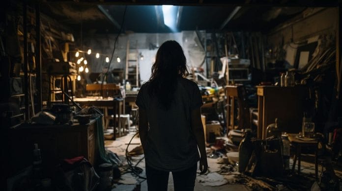 A person is standing in a room surrounded by unfinished projects.