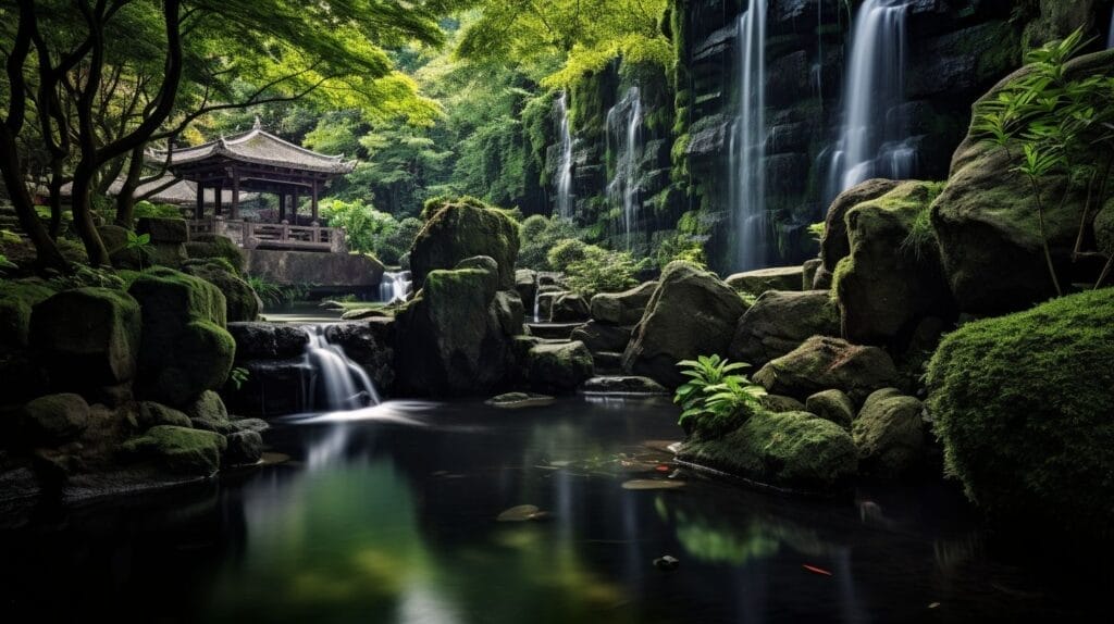 A serene zen garden with a tranquil waterfall and nature photography.